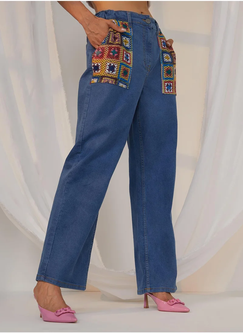 PINACOLADA Women's Lapis Blue Contrast Patch Denim Jeans