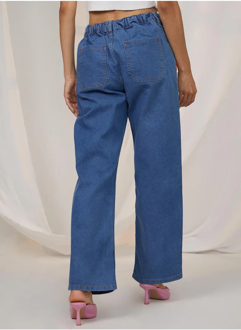 PINACOLADA Women's Lapis Blue Contrast Patch Denim Jeans