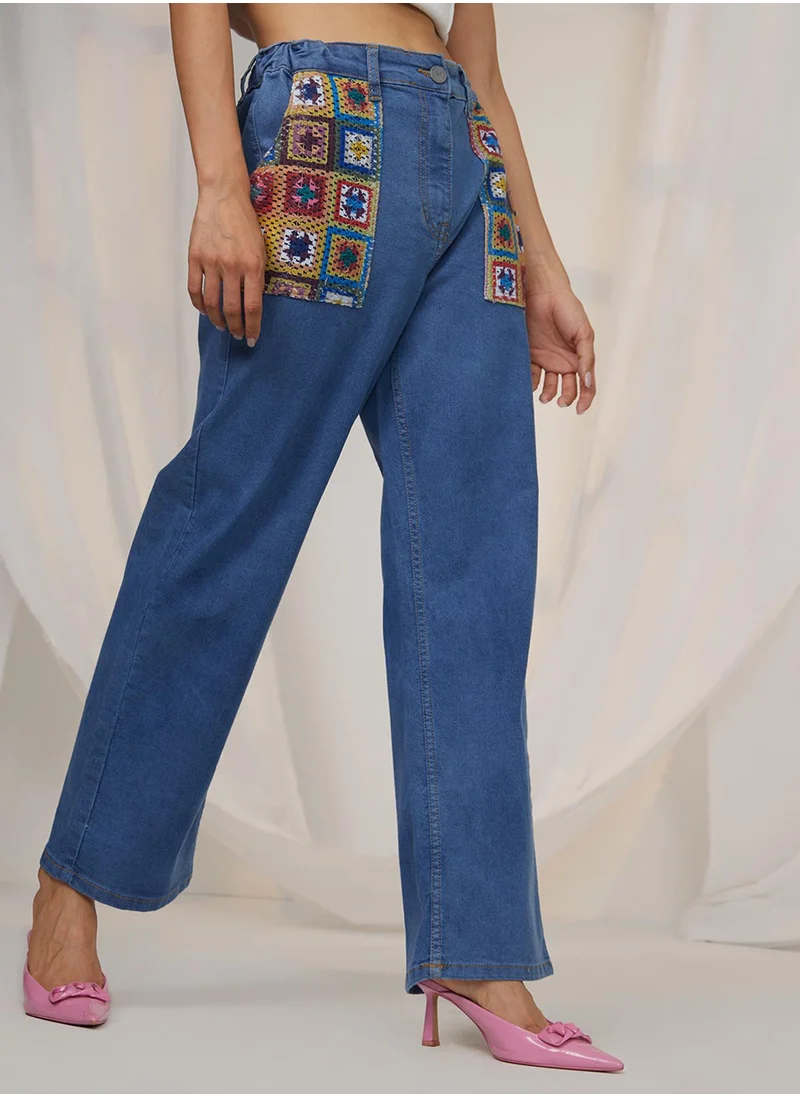 PINACOLADA Women's Lapis Blue Contrast Patch Denim Jeans