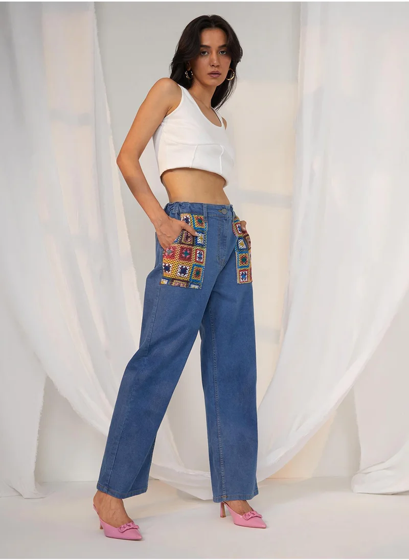 PINACOLADA Women's Lapis Blue Contrast Patch Denim Jeans