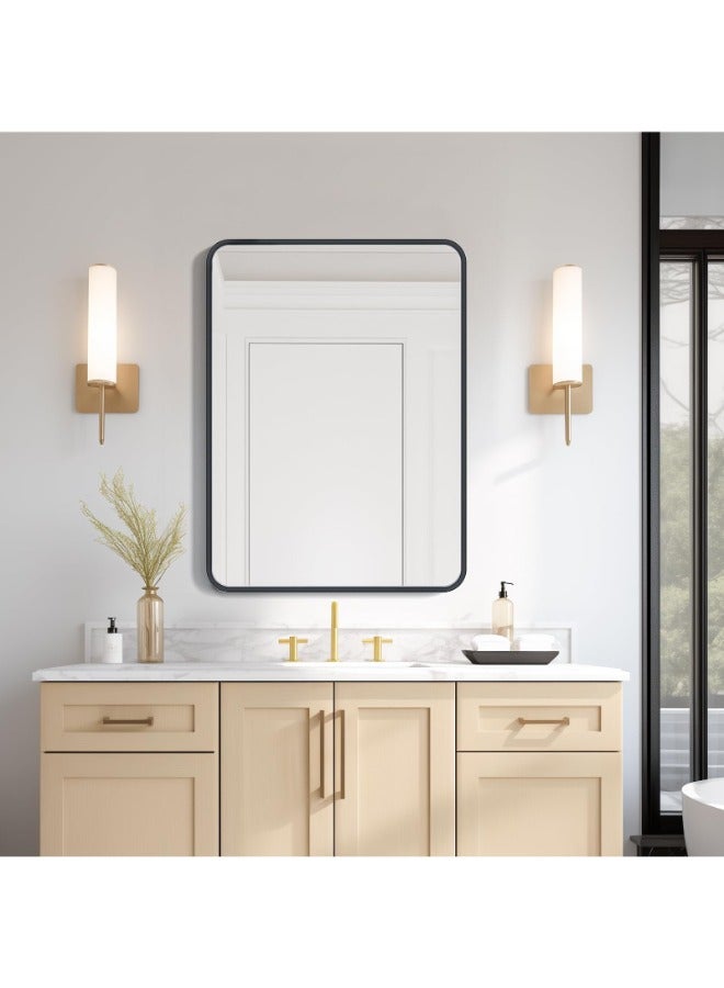 اوشوور ushower مرآة الحمام الأسود ، 22 × 30 بوصة بالوعة الأعلى ، ماتي مرآة الجدار الأسود المستطيل ، جولة إطار معدني مرآة خلع الملابس  - Image 1