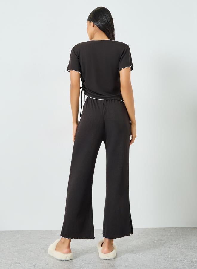 Styli Black Lettuce Edge Notch Neck T-Shirt and Pyjama Set - Image 5