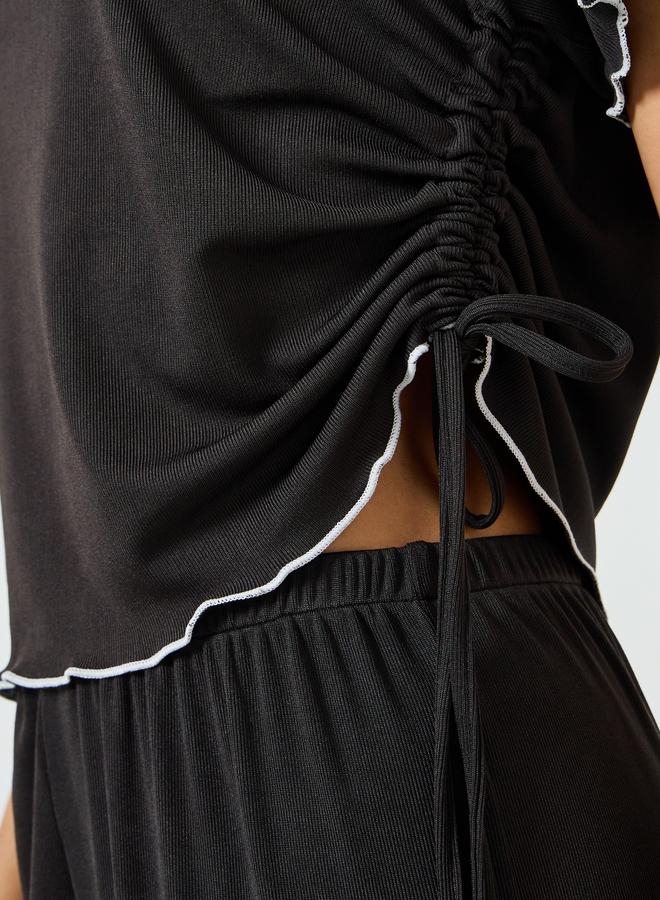 Styli Black Lettuce Edge Notch Neck T-Shirt and Pyjama Set - Image 3