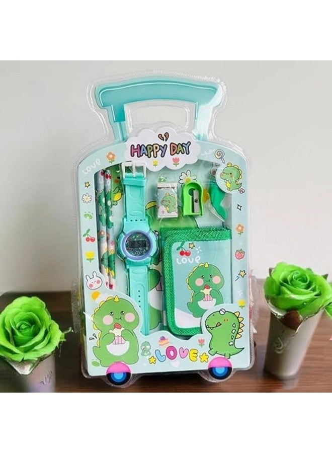 GJSHOP GJSHOP 7 in 1 Stationery Gift Set for Children | Stationery Supplies Bundle with Digital Watch, Sharpener, Eraser, 2 Pencils, Wallet Pouch Return Gift for Kid (Green)  - Image 2