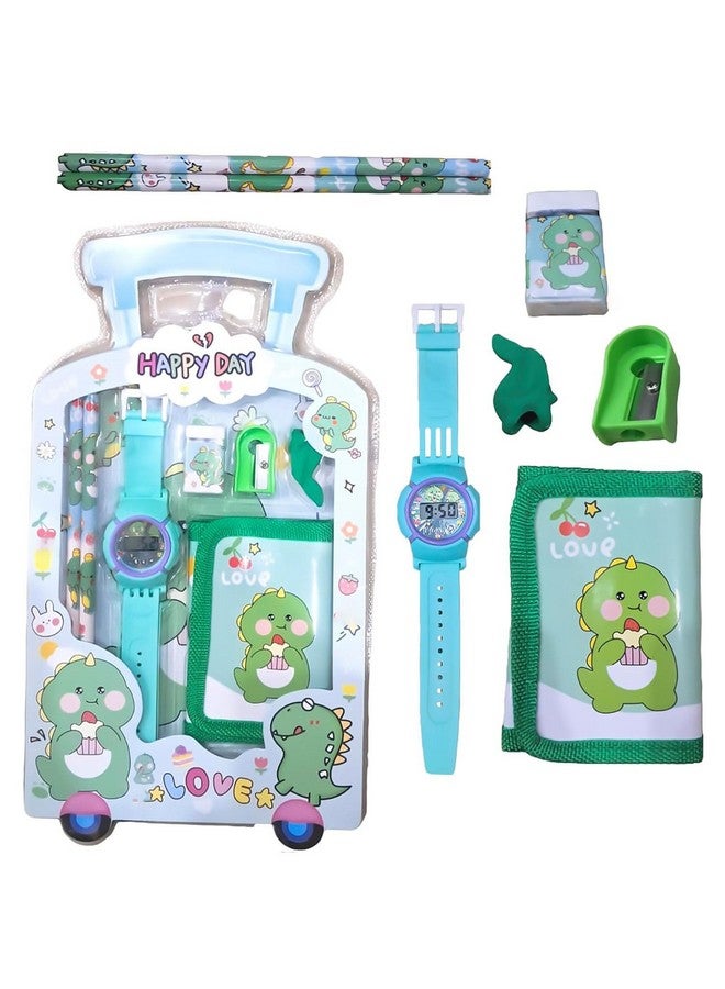 GJSHOP GJSHOP 7 in 1 Stationery Gift Set for Children | Stationery Supplies Bundle with Digital Watch, Sharpener, Eraser, 2 Pencils, Wallet Pouch Return Gift for Kid (Green)  - Image 1