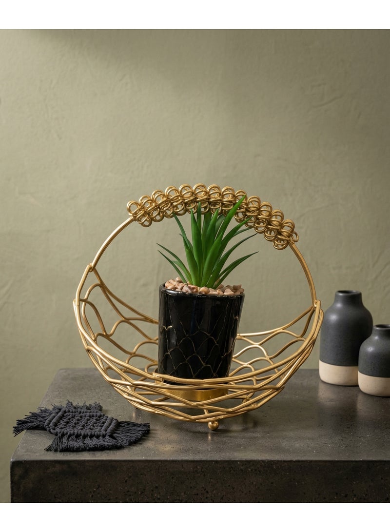Gilded Orb Nest & Succulent Set – Circular Handcrafted Wire Basket with Faux Plant - Image 2