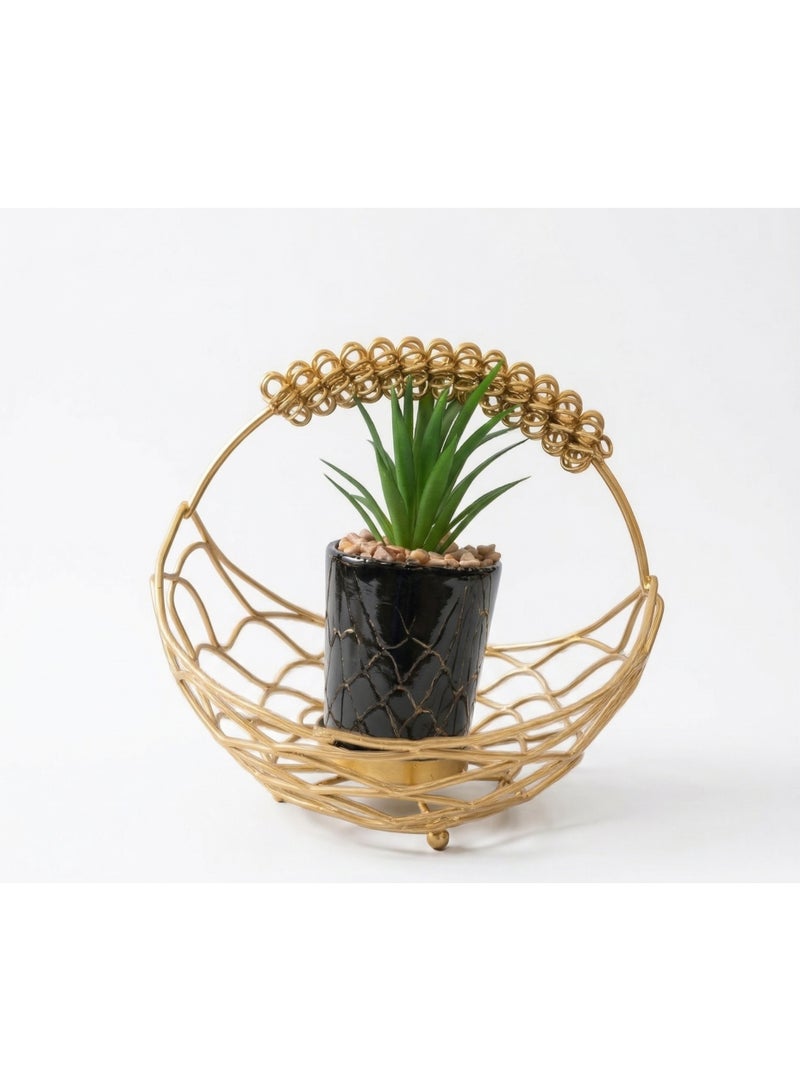 Gilded Orb Nest & Succulent Set – Circular Handcrafted Wire Basket with Faux Plant - Image 1