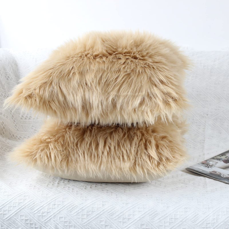 OYIMUA Fluffy Decorative Throw Pillow Covers Beige 24Ã—24, Faux Fur Farmhouse Luxury Pillow Cases,Soft Plush Fuzzy Cushion Covers for Sofa Couch Living Room Bedroom Set of 2 - Image 3