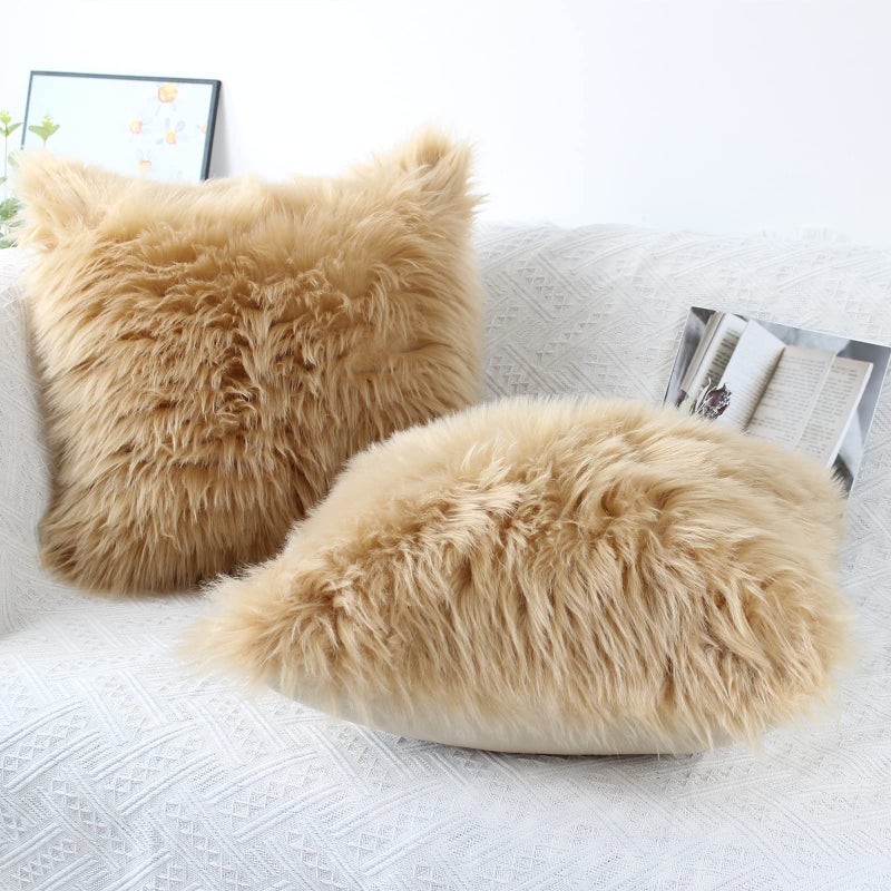 OYIMUA Fluffy Decorative Throw Pillow Covers Beige 24Ã—24, Faux Fur Farmhouse Luxury Pillow Cases,Soft Plush Fuzzy Cushion Covers for Sofa Couch Living Room Bedroom Set of 2 - Image 2