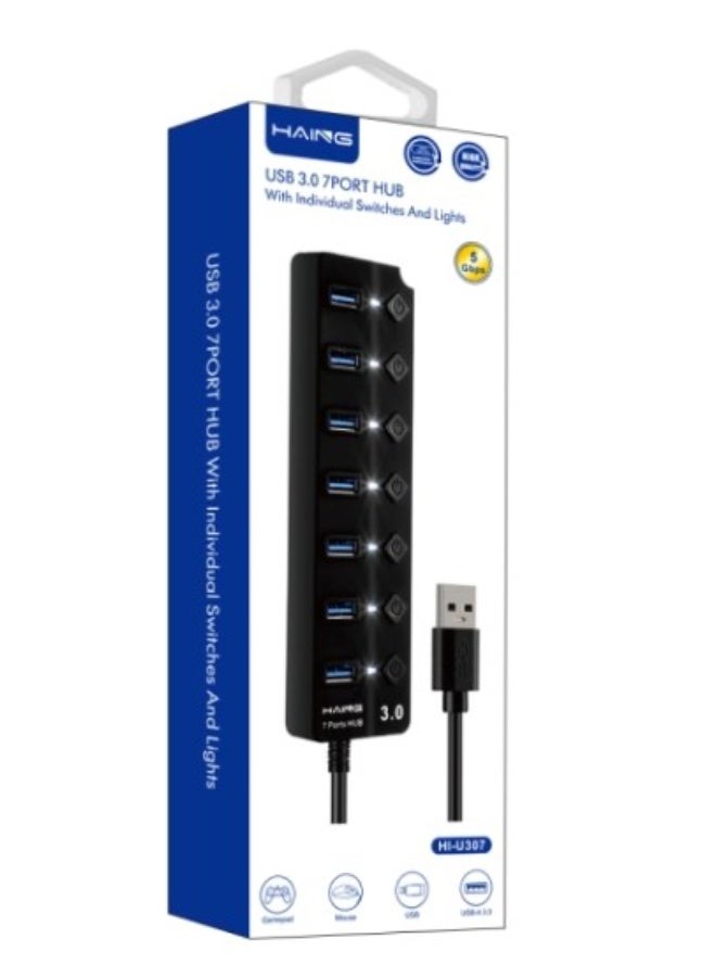 Haing محور USB 3.0 7 منافذ مع مفاتيح وأضواء فردية - Image 1
