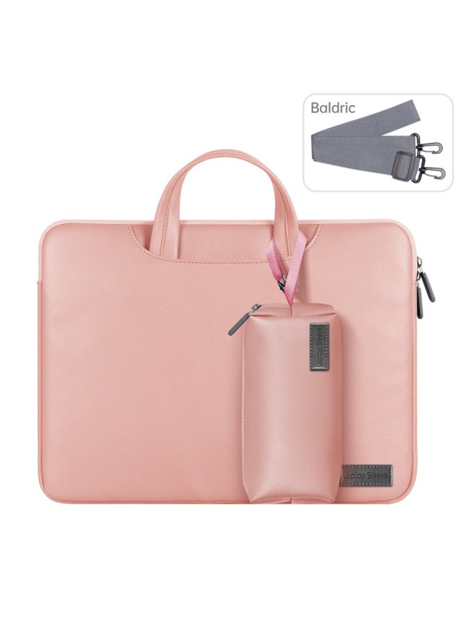Macbook Computer Bag Suitable For Apple Huawei Handbag 15 Laptop Leather Business M3 Inner Bag-Color:Rose Gold + Shoulder Strap + Accessory Bag-Applicable Model:13/14 Inches  - Image 1