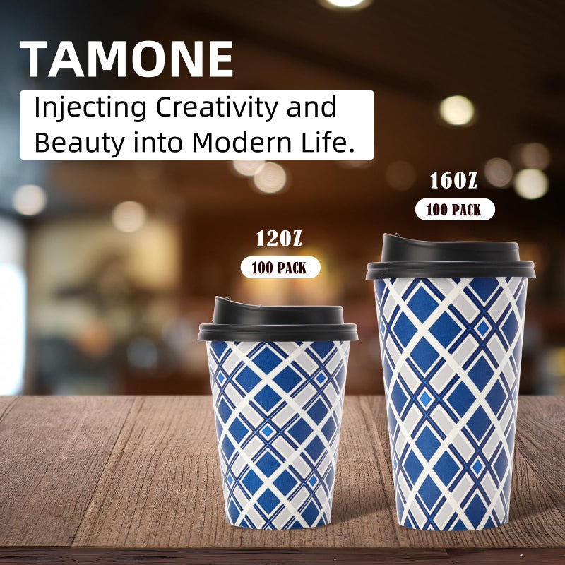 Tamone 100 PACK 12OZ Disposable Coffee Cups with Lids  To Go Coffee Cups with Lids Leak Proof  Blue Paper Cups Lattice Design for Cold/Hot Coffee Beverage Chocolate Cocoa for Home Office - Image 4