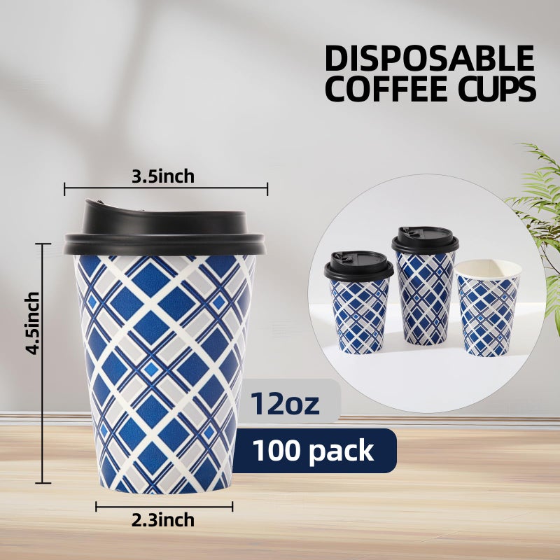 Tamone 100 PACK 12OZ Disposable Coffee Cups with Lids  To Go Coffee Cups with Lids Leak Proof  Blue Paper Cups Lattice Design for Cold/Hot Coffee Beverage Chocolate Cocoa for Home Office - Image 2