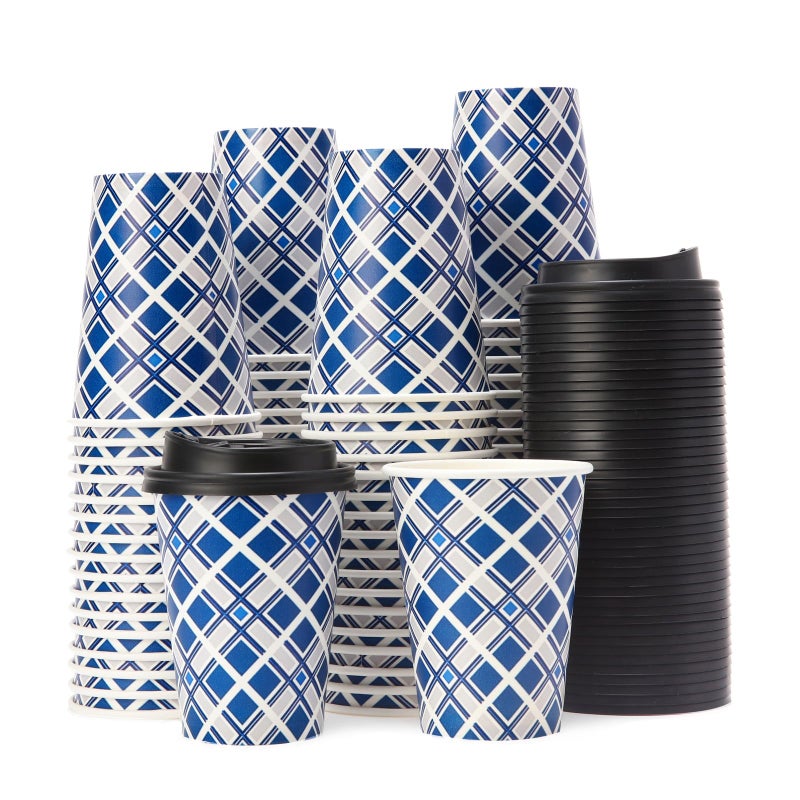 Tamone 100 PACK 12OZ Disposable Coffee Cups with Lids  To Go Coffee Cups with Lids Leak Proof  Blue Paper Cups Lattice Design for Cold/Hot Coffee Beverage Chocolate Cocoa for Home Office - Image 1