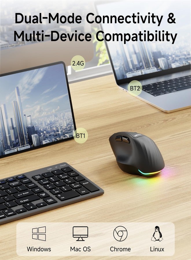 Eweadn ماوس EWEADN C2 اللاسلكي العمودي المريح، مزود بإضاءة RGB، قابل لإعادة الشحن، يعمل بتقنية Bluetooth و2.4G، هادئ، دقة تتبع بصري 4000 نقطة في البوصة، 5 مستويات DPI قابلة للتعديل، نقرات هادئة لأجهزة الكمبيوتر المحمولة والمكتبية وأجهزة الكمبيوتر الشخصية وأجهزة MacBook - أسود - Image 3