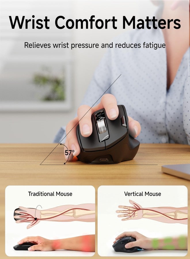 Eweadn ماوس EWEADN C2 اللاسلكي العمودي المريح، مزود بإضاءة RGB، قابل لإعادة الشحن، يعمل بتقنية Bluetooth و2.4G، هادئ، دقة تتبع بصري 4000 نقطة في البوصة، 5 مستويات DPI قابلة للتعديل، نقرات هادئة لأجهزة الكمبيوتر المحمولة والمكتبية وأجهزة الكمبيوتر الشخصية وأجهزة MacBook - أسود - Image 2