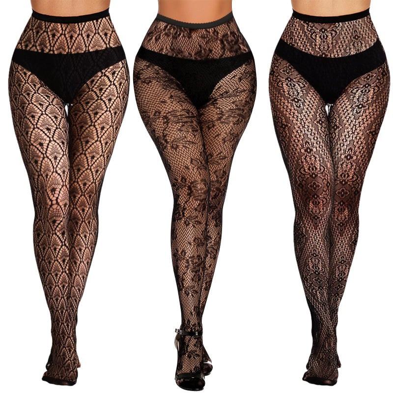 Buauty 3 Pairs Lace Patterned Fishnet Tights for Women, Black Fishnets Leggings Lace Tights with Designs for Women, Floral Stockings Small Hole Pattern Leggings Net Pantyhose - Image 1