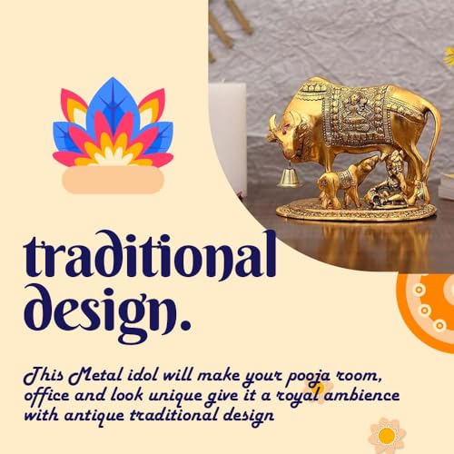 Yoshiva Brass Kamdhenu Cow with Calf Vastu Gau MATA Spiritual Vastu Pooja Figurine Idol for Home and Office (Golden, L 24 x W 22 x H 15 cm) - Image 5