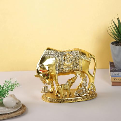 Yoshiva Brass Kamdhenu Cow with Calf Vastu Gau MATA Spiritual Vastu Pooja Figurine Idol for Home and Office (Golden, L 24 x W 22 x H 15 cm) - Image 3