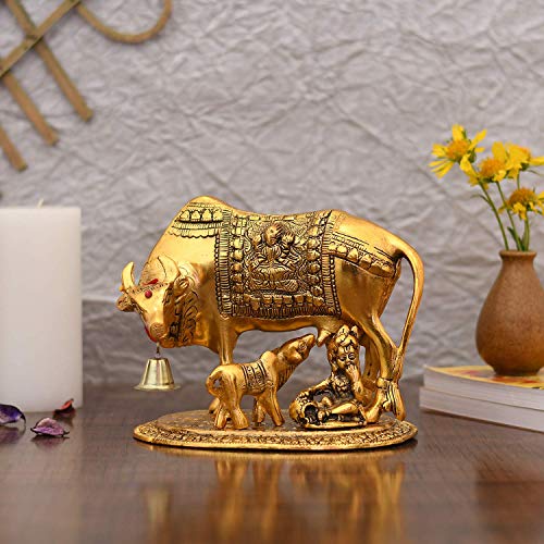 Yoshiva Brass Kamdhenu Cow with Calf Vastu Gau MATA Spiritual Vastu Pooja Figurine Idol for Home and Office (Golden, L 24 x W 22 x H 15 cm) - Image 4