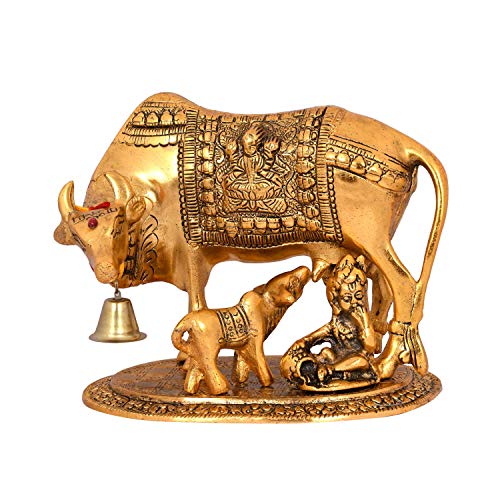 Yoshiva Brass Kamdhenu Cow with Calf Vastu Gau MATA Spiritual Vastu Pooja Figurine Idol for Home and Office (Golden, L 24 x W 22 x H 15 cm) - Image 1