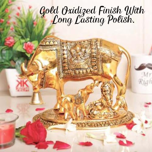 Yoshiva Brass Kamdhenu Cow with Calf Vastu Gau MATA Spiritual Vastu Pooja Figurine Idol for Home and Office (Golden, L 24 x W 22 x H 15 cm) - Image 2