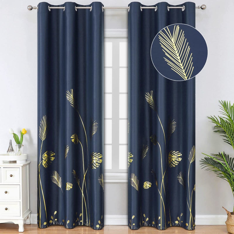 Estelar Textiler Elegant Natural Leaf Curtains Grommet Blackout Curtains Noise Reducing Energy Saving Drapes Light Blocking Curtains for Dining Room Navy Blue 38Wx84L 2 Panels
