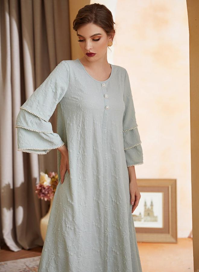 Take Two Green Embroidered Layered Sleeve A-Line Maxi Dress with Faux Pearl Detail - Image 4