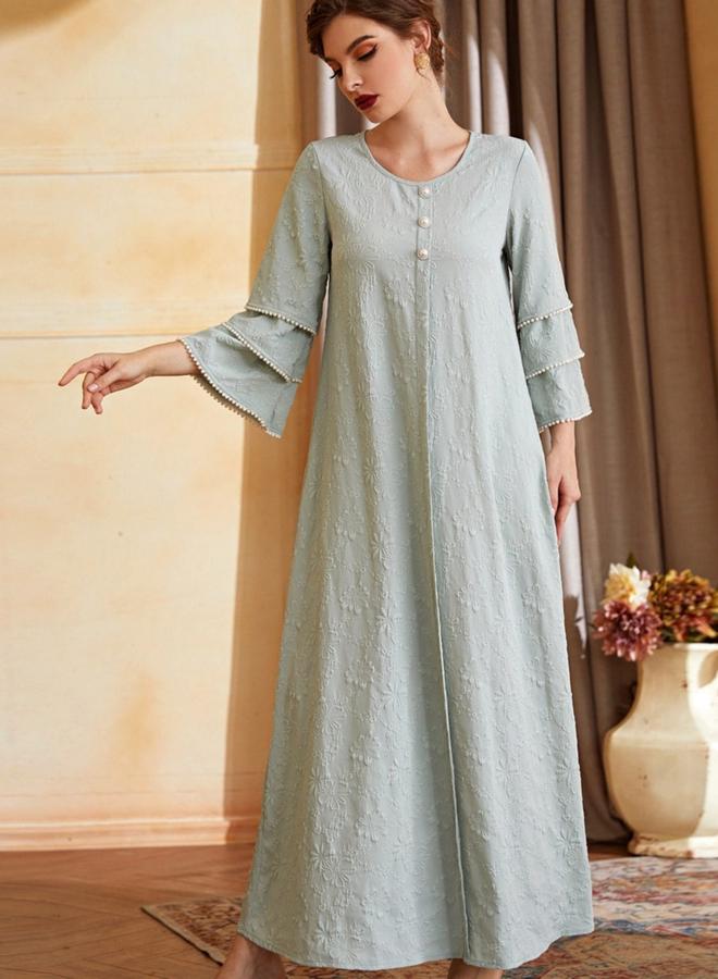 Take Two Green Embroidered Layered Sleeve A-Line Maxi Dress with Faux Pearl Detail - Image 2