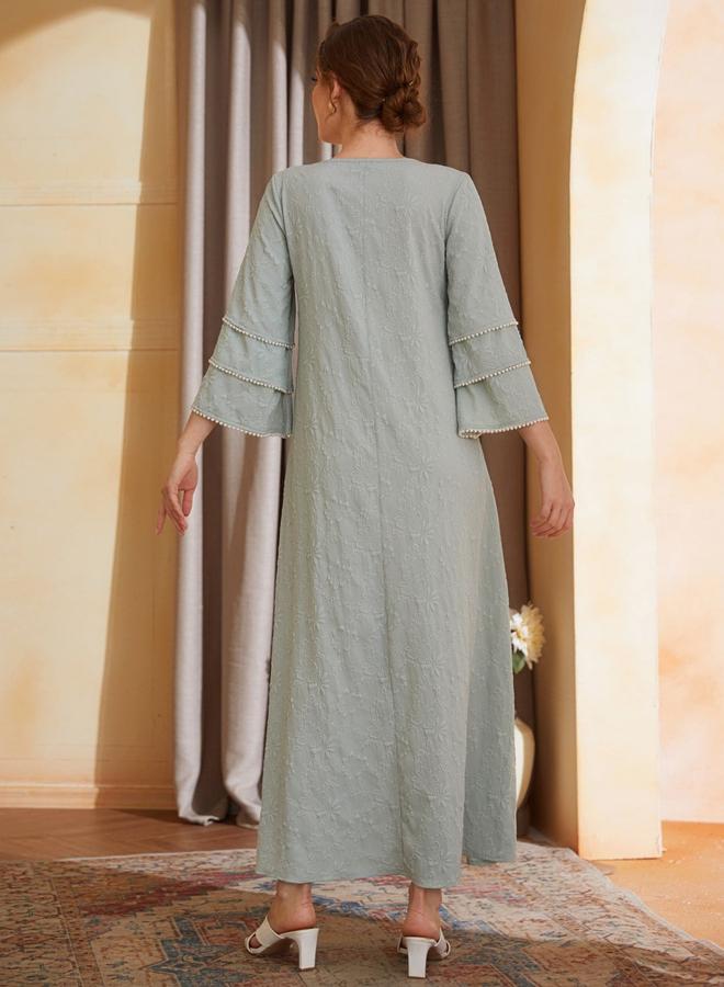 Take Two Green Embroidered Layered Sleeve A-Line Maxi Dress with Faux Pearl Detail - Image 3