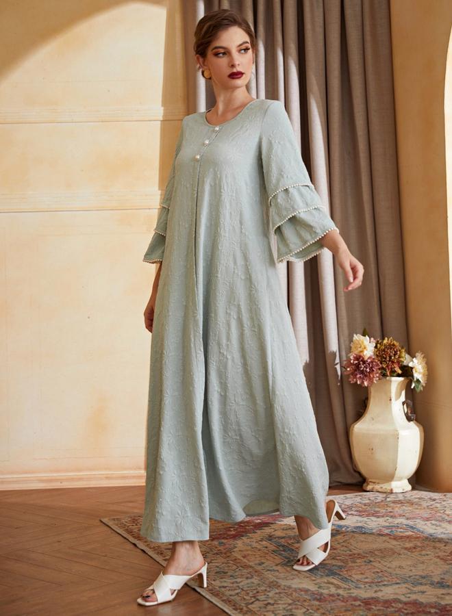 Take Two Green Embroidered Layered Sleeve A-Line Maxi Dress with Faux Pearl Detail - Image 1