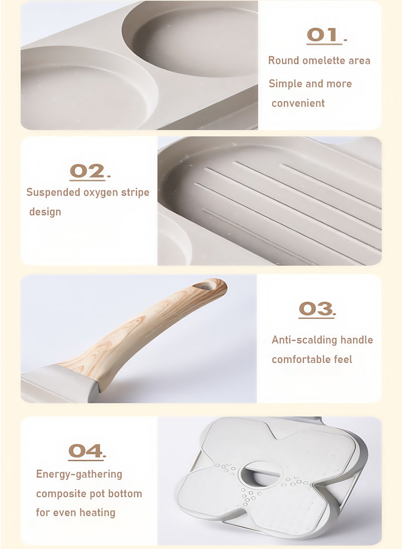 Super ZYouth Nonstick Medical Stone Frying Pan, Wooden Handle, 3 In 1 Including (2-holes and 1 Square Baking Pan), Divided Skillet for Gas and Suitable for Stovetops, for cook steak,egg, White, 7.3x7.3 inches  - Image 3