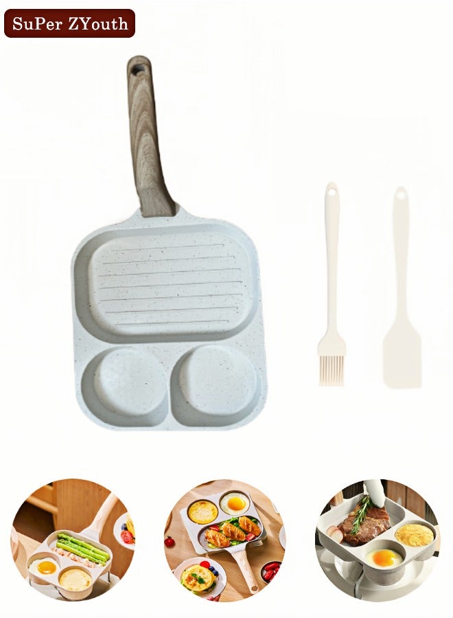 Super ZYouth Nonstick Medical Stone Frying Pan, Wooden Handle, 3 In 1 Including (2-holes and 1 Square Baking Pan), Divided Skillet for Gas and Suitable for Stovetops, for cook steak,egg, White, 7.3x7.3 inches  - Image 1