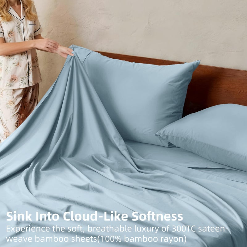 GOKOTTA 4-Pcs King Size Sheets Set, 100% Rayon Derived from Bamboo, 16 Inch Deep Pocket King Sheets with Elastic Corner Straps, Cooling Sheets for Hot Sleepers - Silky Soft & Breathable - Sky Blue - Image 3