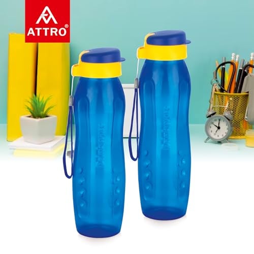 ATTRO Plastic Drinkware 1 L BPA-Free Water Bottle with Leak-Proof Flip-Top Cap, Nylon Strap and Stylish Color for Daily Hydration Set of 2- Blue - Image 2