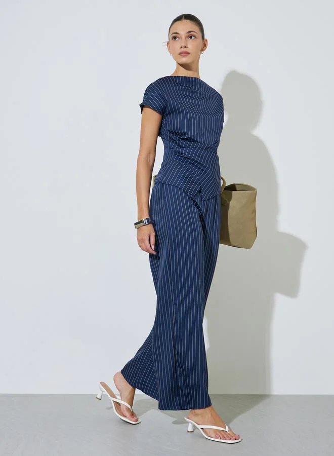 Styli Navy Blue Pinstripe Wide Leg Trousers