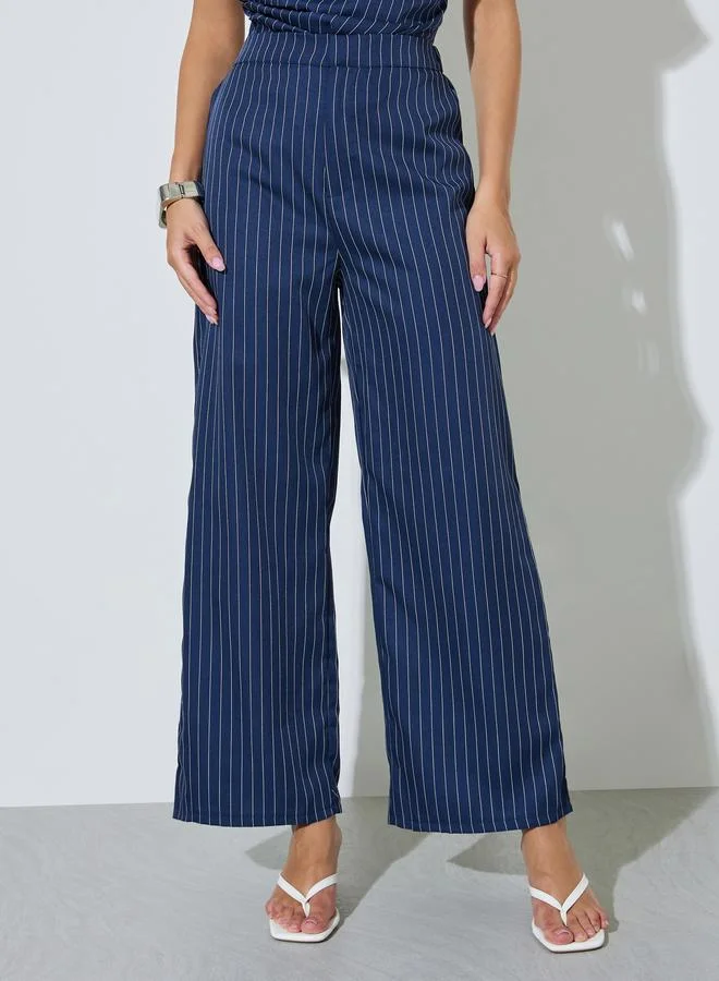 Styli Navy Blue Pinstripe Wide Leg Trousers