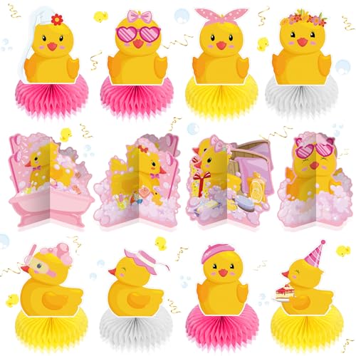 Teling 12 Pcs Duck Birthday Decorations Pink Rubber Duck Themed Honeycomb One Lucky Party Centerpieces Decorations for Table Girl Birthday Party Baby Shower Photo Booth Props Supplies - Image 1