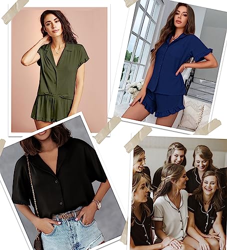 SWOMOG Womens Pajama Set Short Sleeve Button Down Ruffle Pj Set Soft Ladies Sleepwear Grey Medium Postpartum PJ Shorts - Image 4