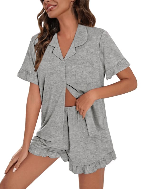 SWOMOG Womens Pajama Set Short Sleeve Button Down Ruffle Pj Set Soft Ladies Sleepwear Grey Medium Postpartum PJ Shorts - Image 2
