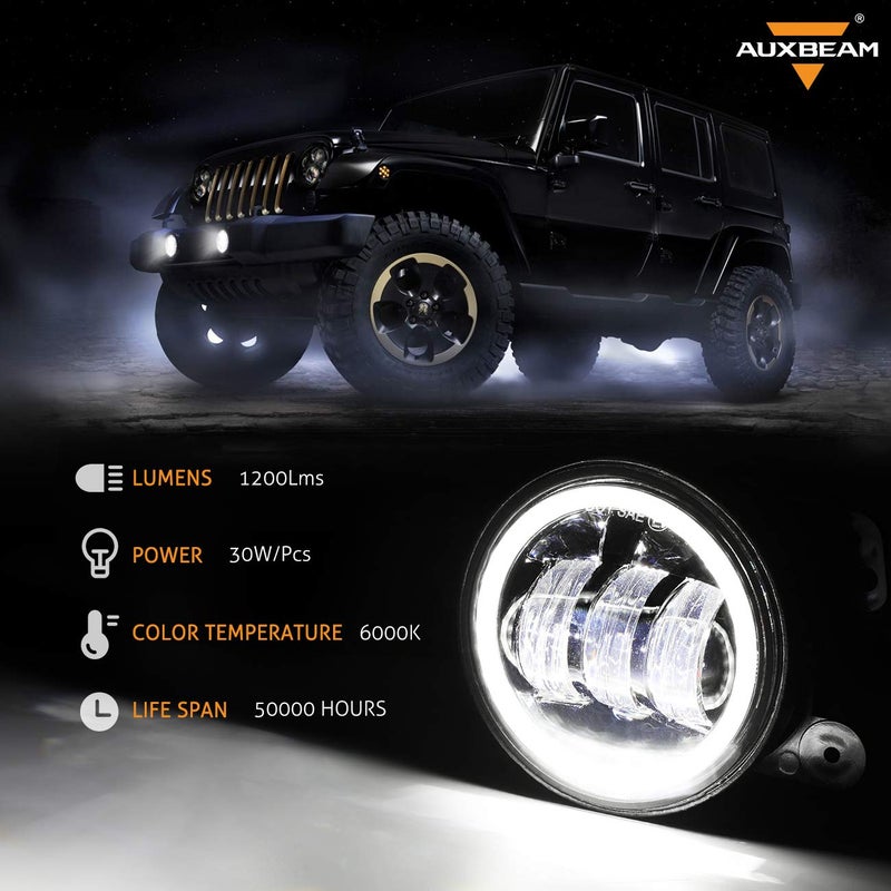 Auxbeam Auxbeam 4 Inch LED Fog Lights for Jeep Wrangler JK Rubicon Unlimited JKU 2007-2018, 60W Driving Offroad 4" Round Fog Lamps w/DRL & Amber Turn Signal Lights - Image 2