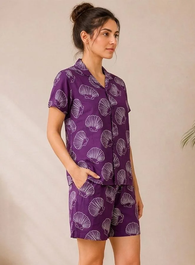 كلوفيا Dark Purple Seashell Print Shirt and Shorts Pyjama Set