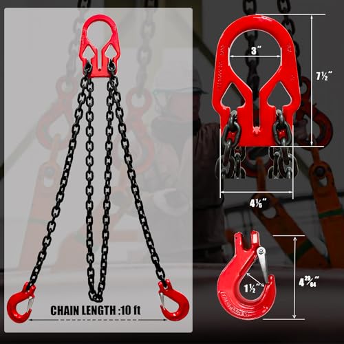 FITHOIST 10Ft Adjustable Chain Sling 5/16", 3.18 Ton, G80 Alloy Steel 2 Way Chain Slings Double Leg Slings Lifting with 2 Safety Grab Hooks Heavy Duty for Engine Hoist Lifts… - Image 3