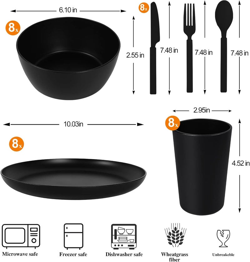 afcevnlb 48Piece Plastic Wheat Straw Dinnerware Sets Plates and Bowls Sets for 8 Lightweight Bowls Unbreakable Dish Set Dishwasher Microwave Safe Suitable for Camping Party GrillBlack - Image 2