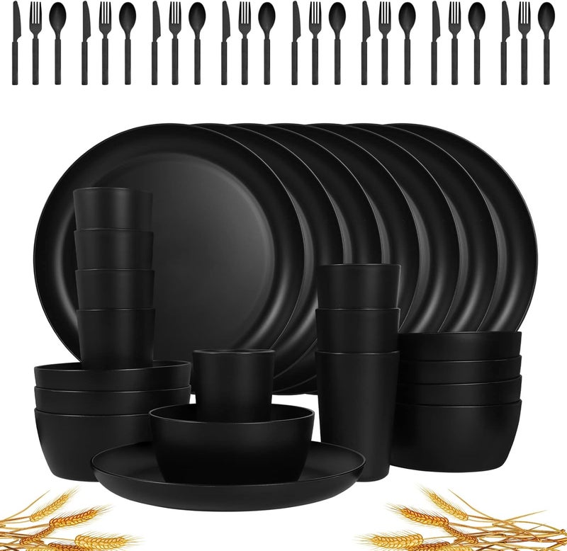 afcevnlb 48Piece Plastic Wheat Straw Dinnerware Sets Plates and Bowls Sets for 8 Lightweight Bowls Unbreakable Dish Set Dishwasher Microwave Safe Suitable for Camping Party GrillBlack - Image 1