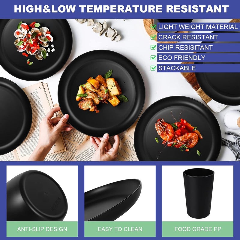 afcevnlb 48Piece Plastic Wheat Straw Dinnerware Sets Plates and Bowls Sets for 8 Lightweight Bowls Unbreakable Dish Set Dishwasher Microwave Safe Suitable for Camping Party GrillBlack - Image 4