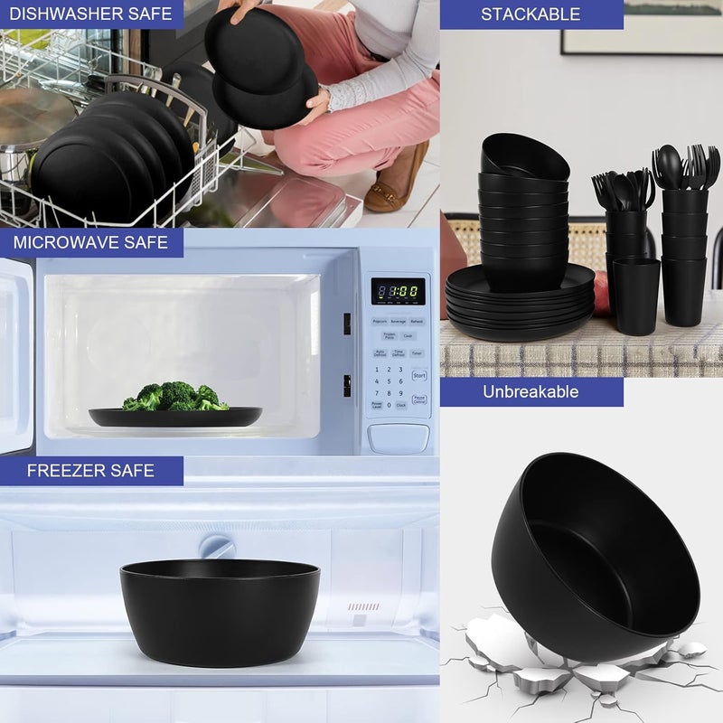 afcevnlb 48Piece Plastic Wheat Straw Dinnerware Sets Plates and Bowls Sets for 8 Lightweight Bowls Unbreakable Dish Set Dishwasher Microwave Safe Suitable for Camping Party GrillBlack - Image 3