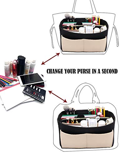 LEXSION Felt Purse Bag Organizer Insert with zipper Bag Tote Shaper Fit Speedy Neverful PM MM 8021 Black-beige M - Image 5