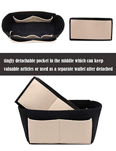 LEXSION Felt Purse Bag Organizer Insert with zipper Bag Tote Shaper Fit Speedy Neverful PM MM 8021 Black-beige M - Image 2