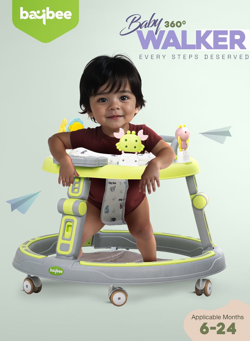 BAYBEE عربة أطفال 2 في 1 مع دفع للأطفال، عربة أطفال دائرية مع مقبض دفع، مقعد دوار 360 درجة، بار ألعاب موسيقية وسجادة قدم | عربة نشاط للأطفال | عربة دفع للأطفال من 6 إلى 24 شهرًا باللون الأخضر الفاتح - Image 2